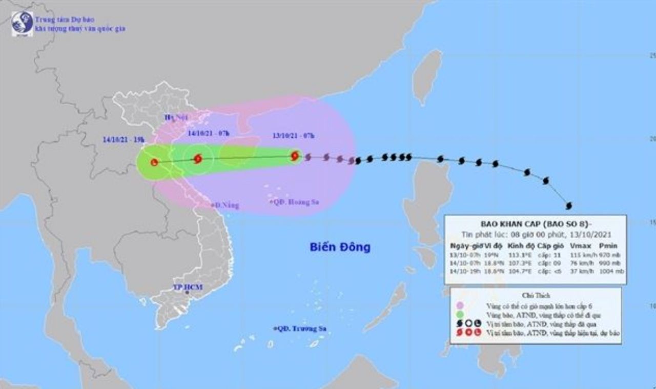 สำนักอุตุนิยมวิทยาเวียดนามเผยภาพเส้นทางการเคลื่อนตัวของพายุโซนร้อน คมปาซุ