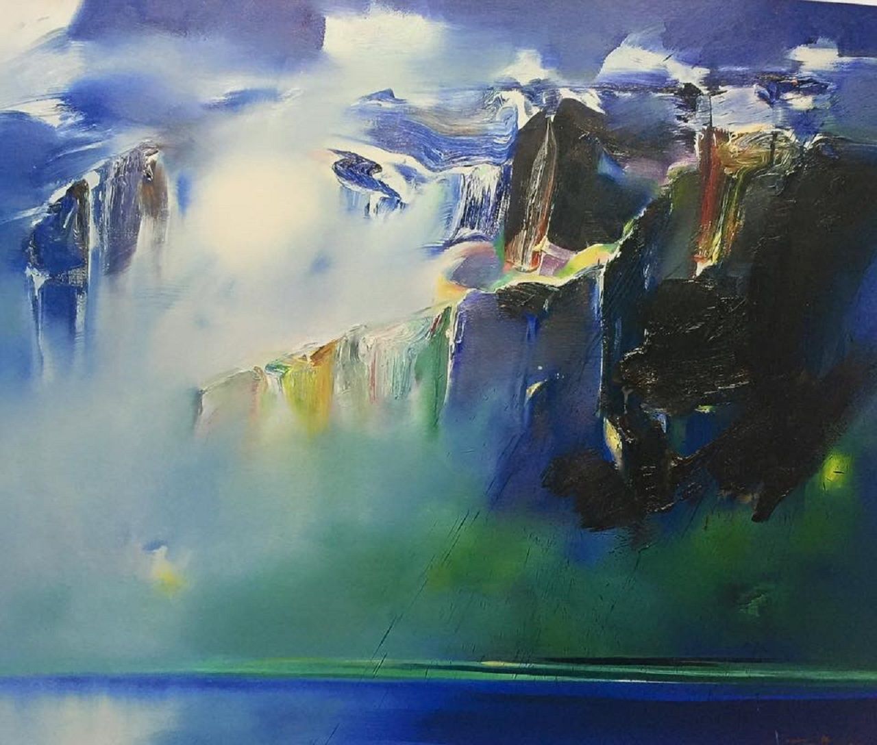 เมฆฝนลอยมาเงียบเชียบ โอบกอดยอดภูผาอ่อนโยน สายฝนตกกระหน่ำไปไม่นานนัก พฤกษชาติบนขุนเขาชอุ่มเขียว หินผาเปียกชุ่มสงบเย็น ทอดเงาสู่สายน้ำล้ำลึก ผู้สูงอายุนั่งมองภาพอันรื่นรมย์ ภาพและบทกวีโดย ประเทือง เอมเจริญ