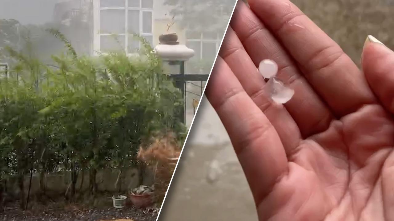 ฝนถล่ม ลูกเห็บตก ย่านหทัยราษฎร์ หมู่บ้านนักกีฬาฯ เสาไฟล้มขวางถนน