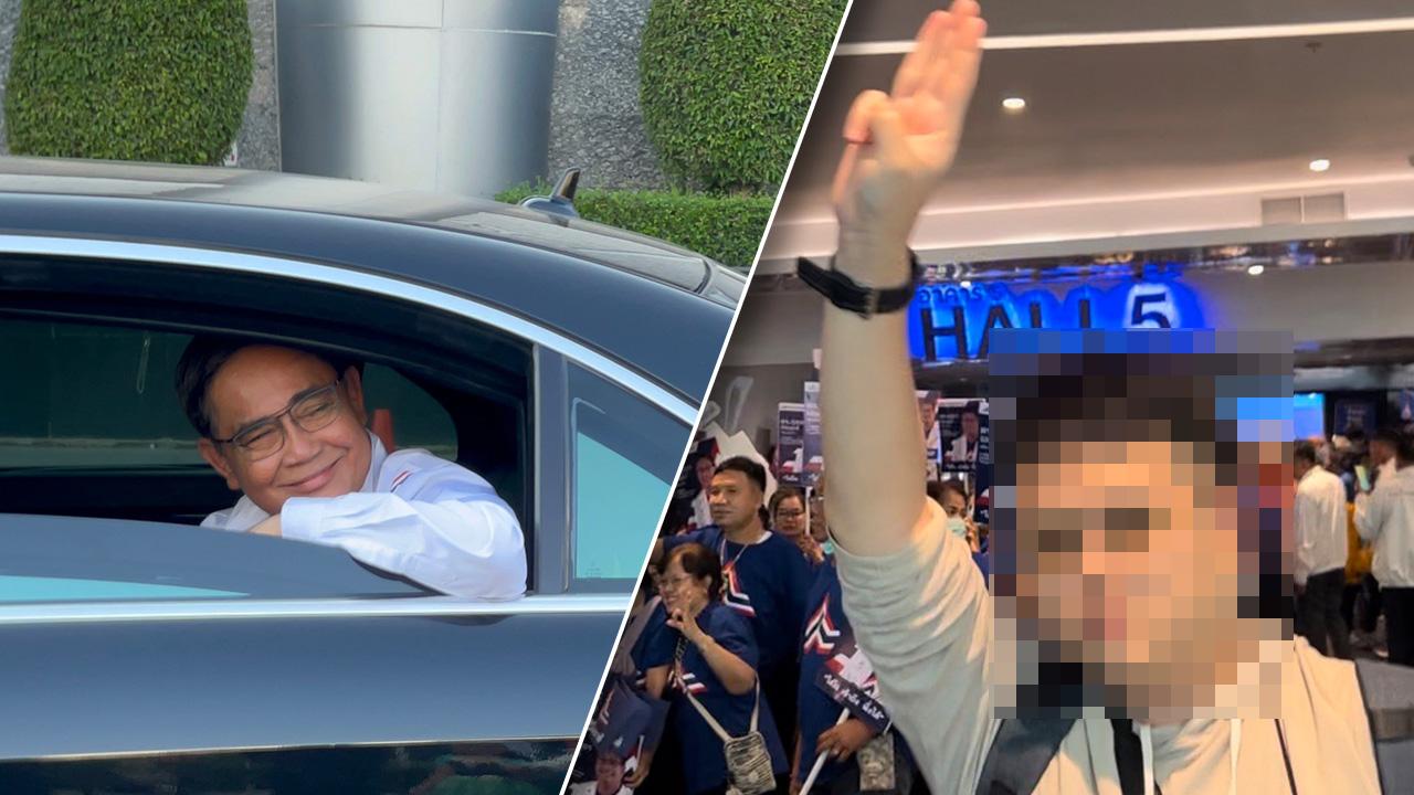 เลือกตั้ง 2566 : “บิ๊กตู่” เมินตอบปม “ทักษิณ” กลับไทย เจอชายป่วนชู 3 นิ้วหน้างาน