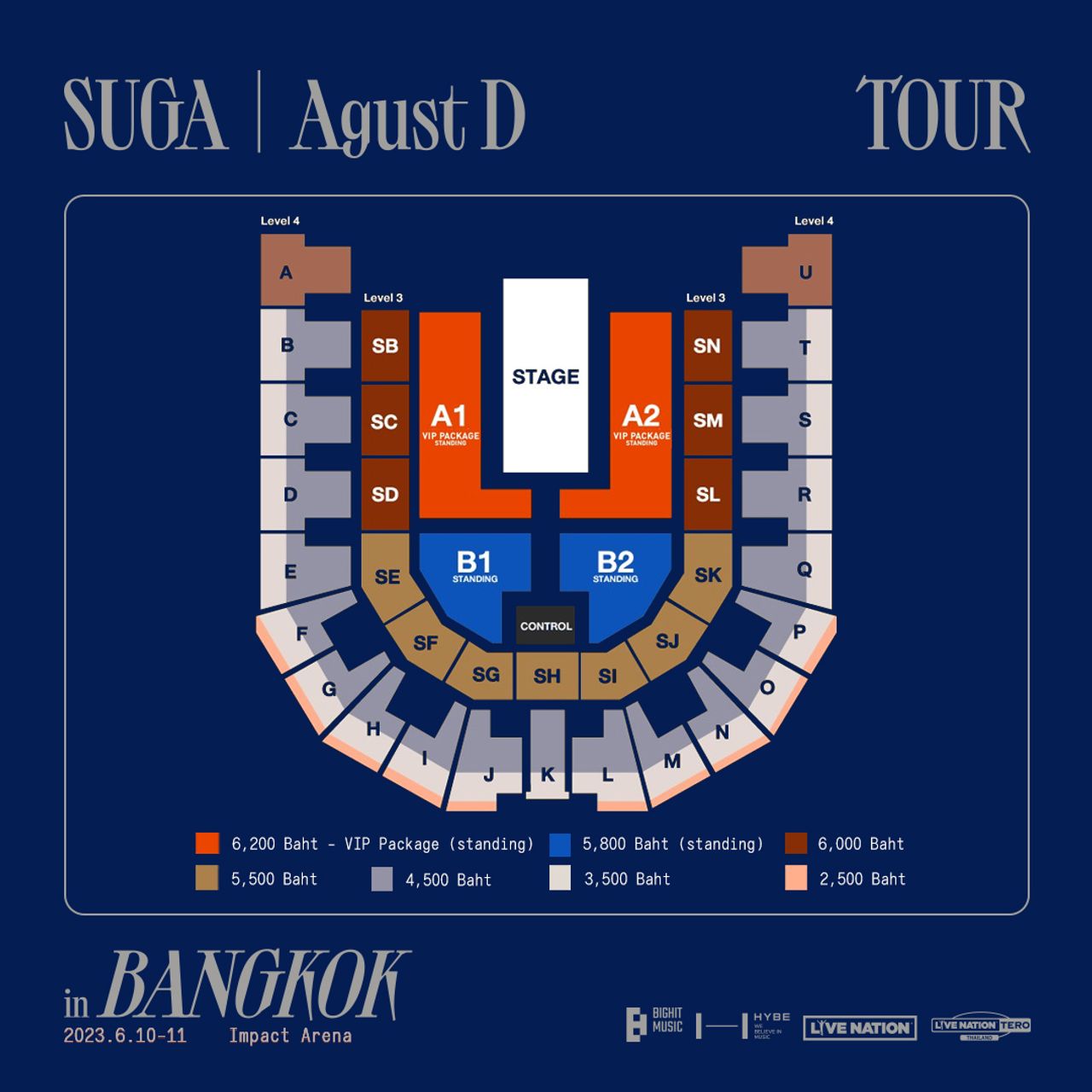 ผังที่นั่งและราคาบัตรคอนเสิร์ตชูก้า (SUGA|Agust D TOUR in Bangkok) ที่จะจัดขึ้นที่อิมแพ็ค อารีน่า เมืองทองธานี วันที่ 10-11 มิถุนายนนี้