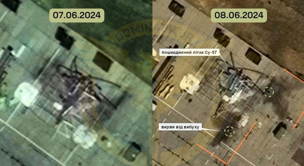 หน่วยข่าวกรองของกองทัพยูเครนเผยแพร่ภาพถ่ายดาวเทียม เปรียบเทียบก่อนและหลังจากเหตุการณ์ยูเครนอ้าง โจมตีเครื่องบินขับไล่สุดล้ำ Su-37 ที่ฐานทัพรัสเซีย ห่างจากแนวรบเกือบ 600 กิโลเมตร เมื่อวันเสาร์ที่ 8 มิถุนายน 2567