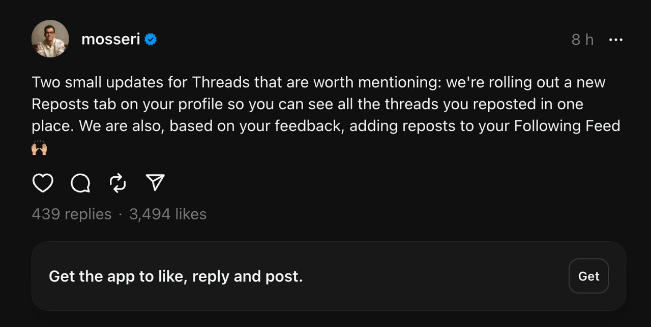 โพสต์อัปเดตฟีเจอร์ใหม่ของเธรดส์ โดยอดัม มอสเซรี