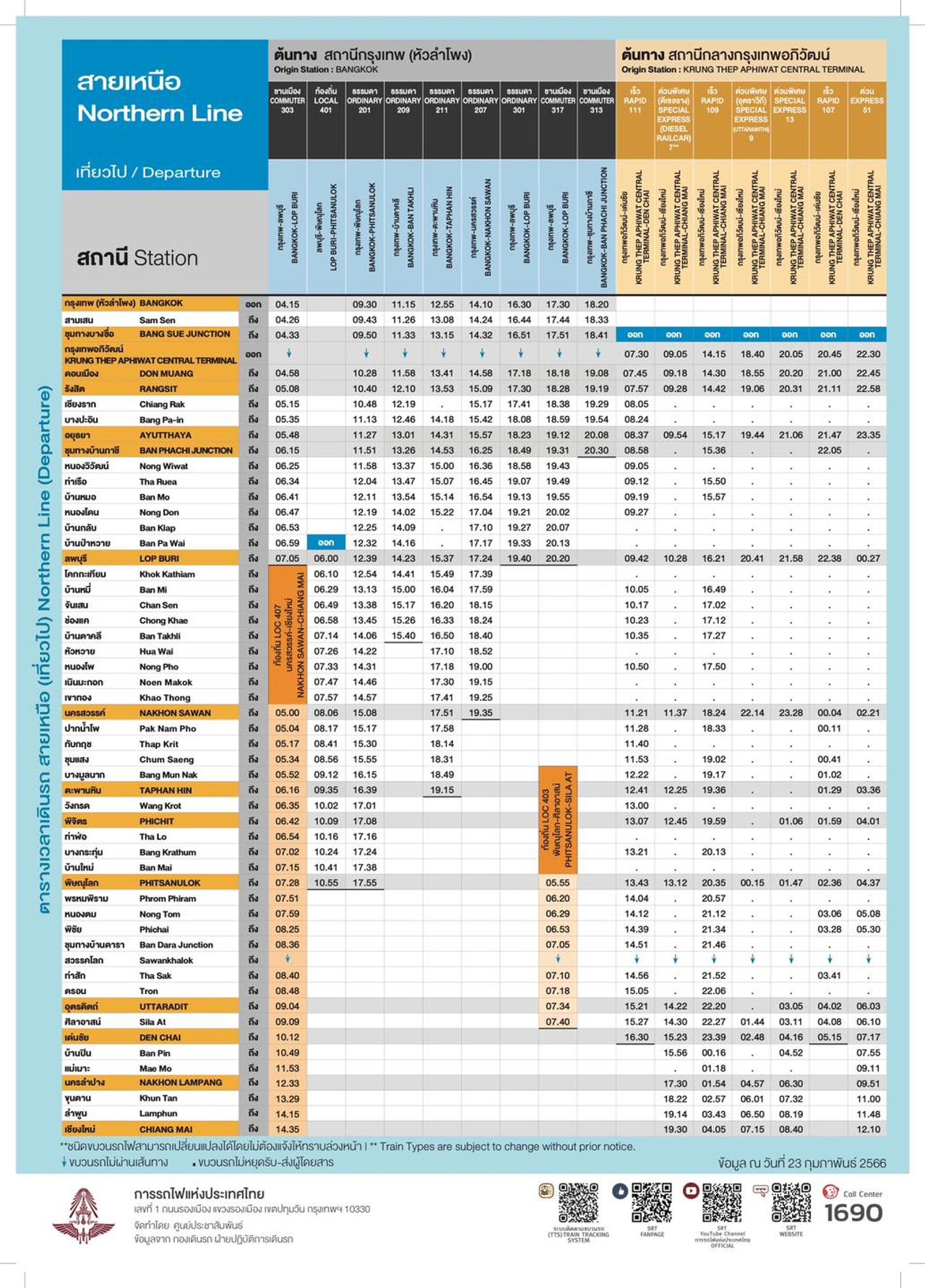 ตารางเดินรถไฟสายเหนือ 2566