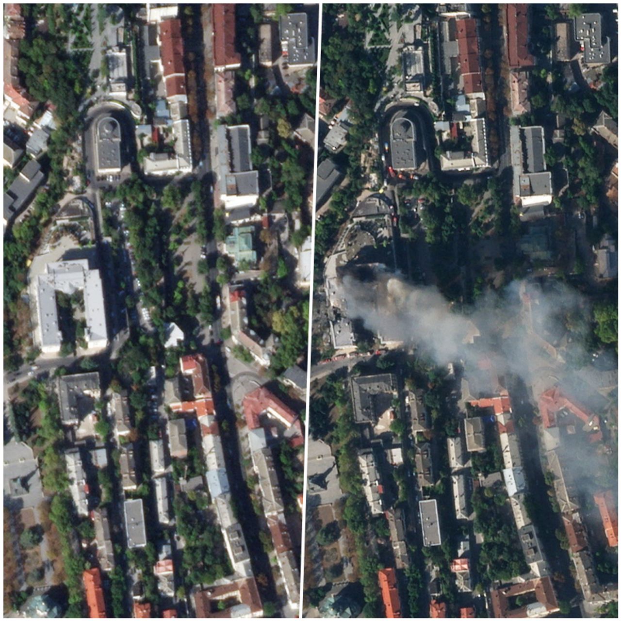 ภาพถ่ายดาวเทียม ก่อนและหลัง บริเวณที่ตั้งศูนย์บัญชาการกองทัพเรือรัสเซียที่เมืองเซวาสโตโปล ในแคว้นไครเมีย ก่อนถูกยูเครนยิงโจมตีด้วยขีปนาวุธ Storm Shadow เมื่อ 22 กันยายน 2566