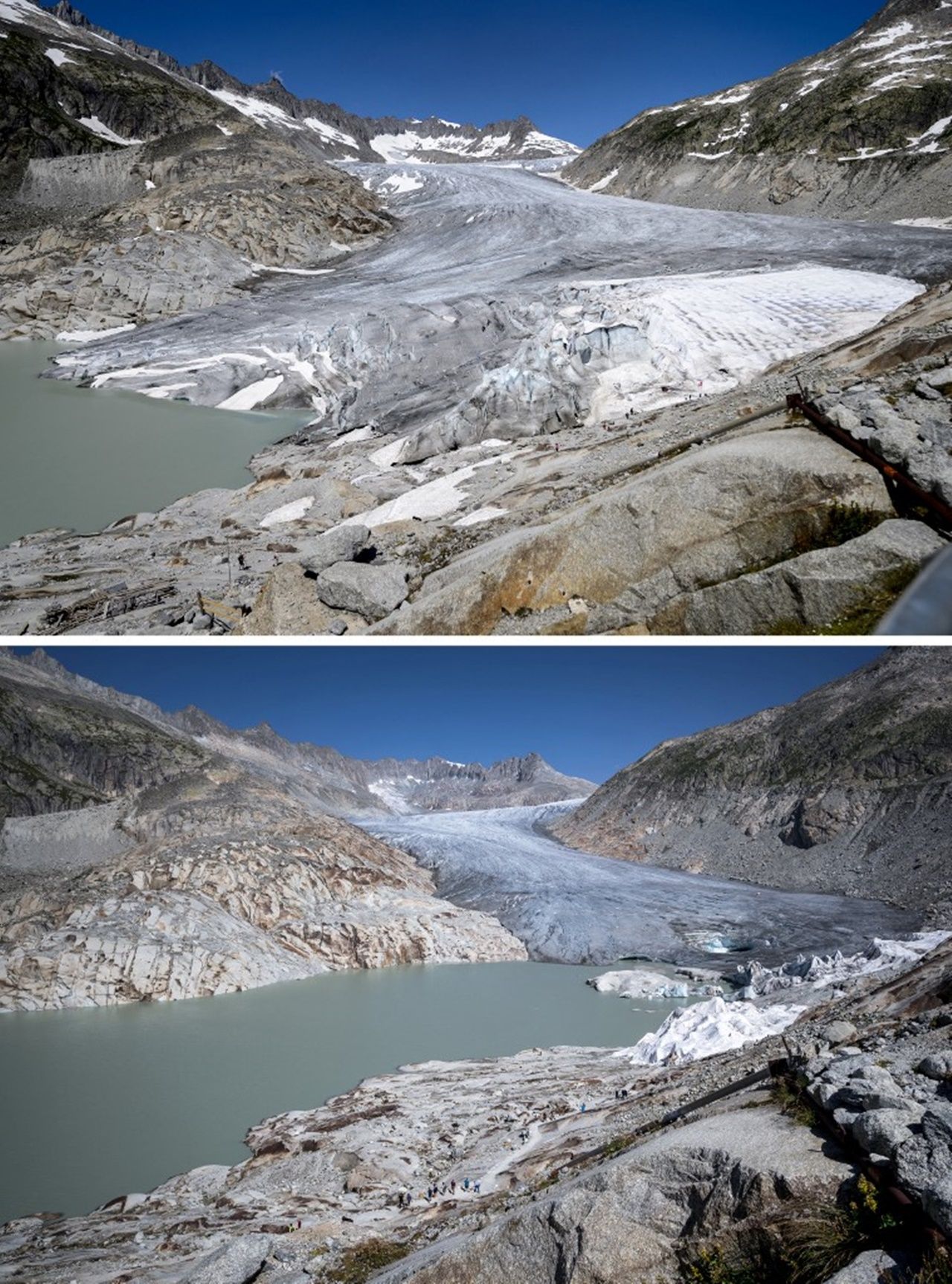 ภาพเปรียบเทียบธารน้ำแข็งโรน (Rhone Glacier) ในเดือนกรกฎาคม 2558 (บน) กับเดือนสิงหาคม 2566 (ล่าง) ที่ผ่านมา