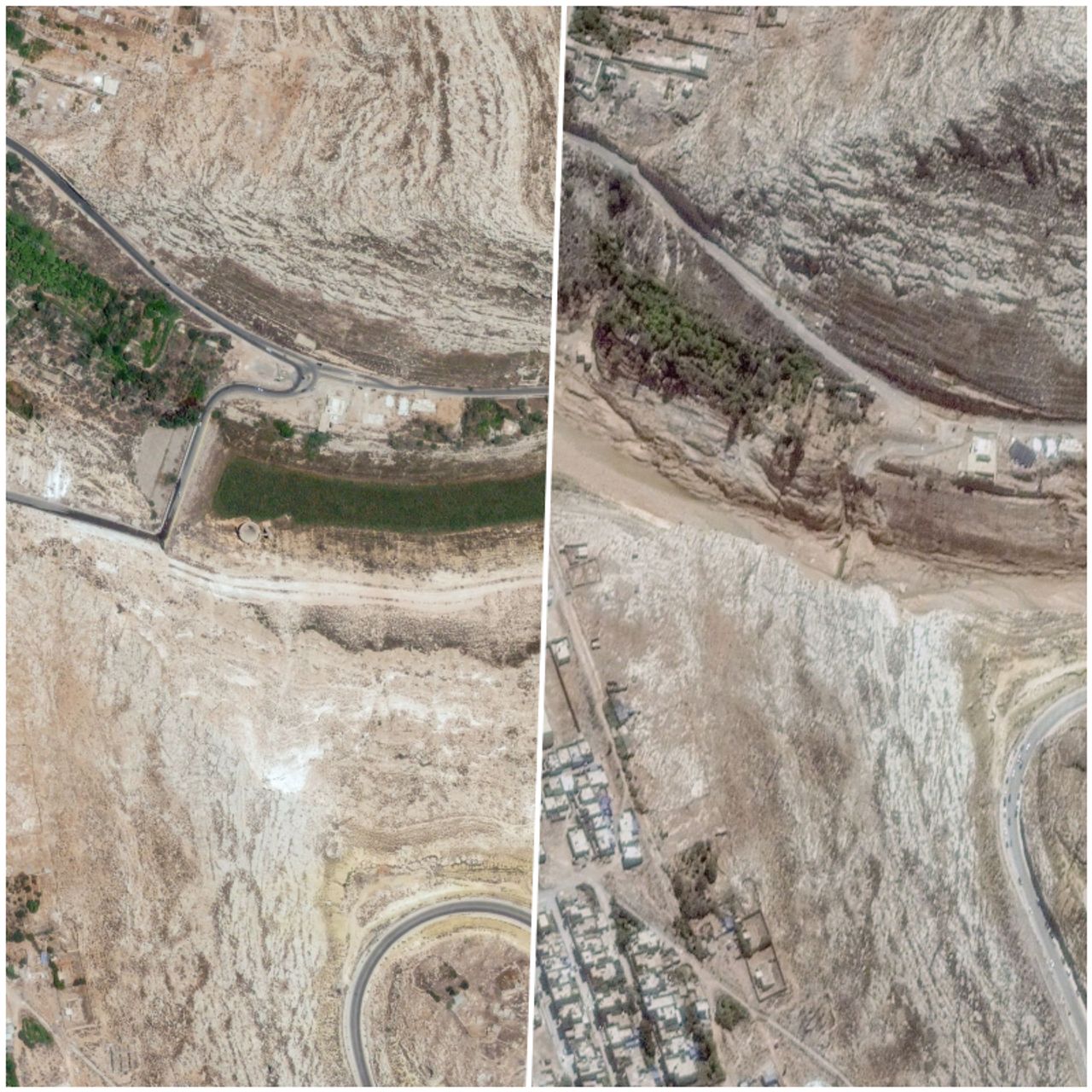 ภาพถ่ายดาวเทียมแสดงให้เห็น ภาพก่อนและหลังเขื่อนแตก  มวลน้ำมหาศาลถาโถมถล่มเมืองเดอร์นา ก่อนลงทะเลเมดิเตอร์เรเนียน