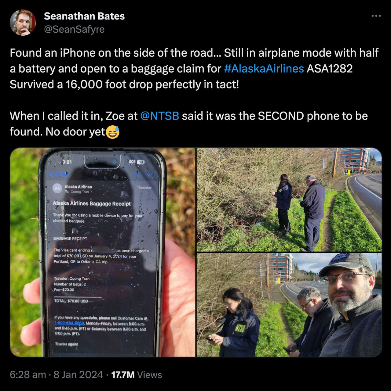 ฌอน เบสต์ โพสต์ข้อความบนเอ็กซ์หลังพบเจอไอโฟนที่ตกจากความสูง 16,000 ฟุต