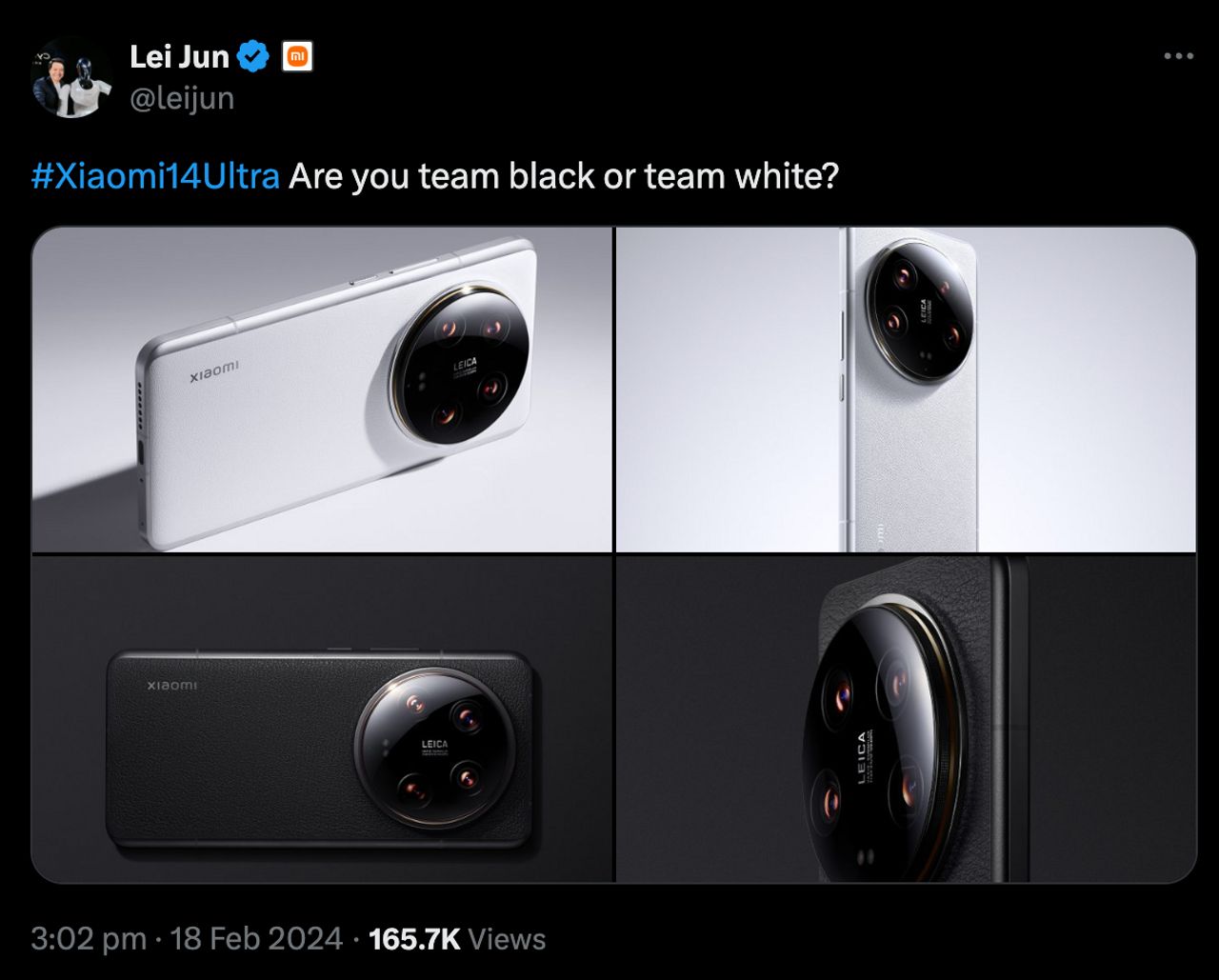 เล่ย จุน โพสต์ภาพ Xiaomi 14 Ultra ทั้งสองสี