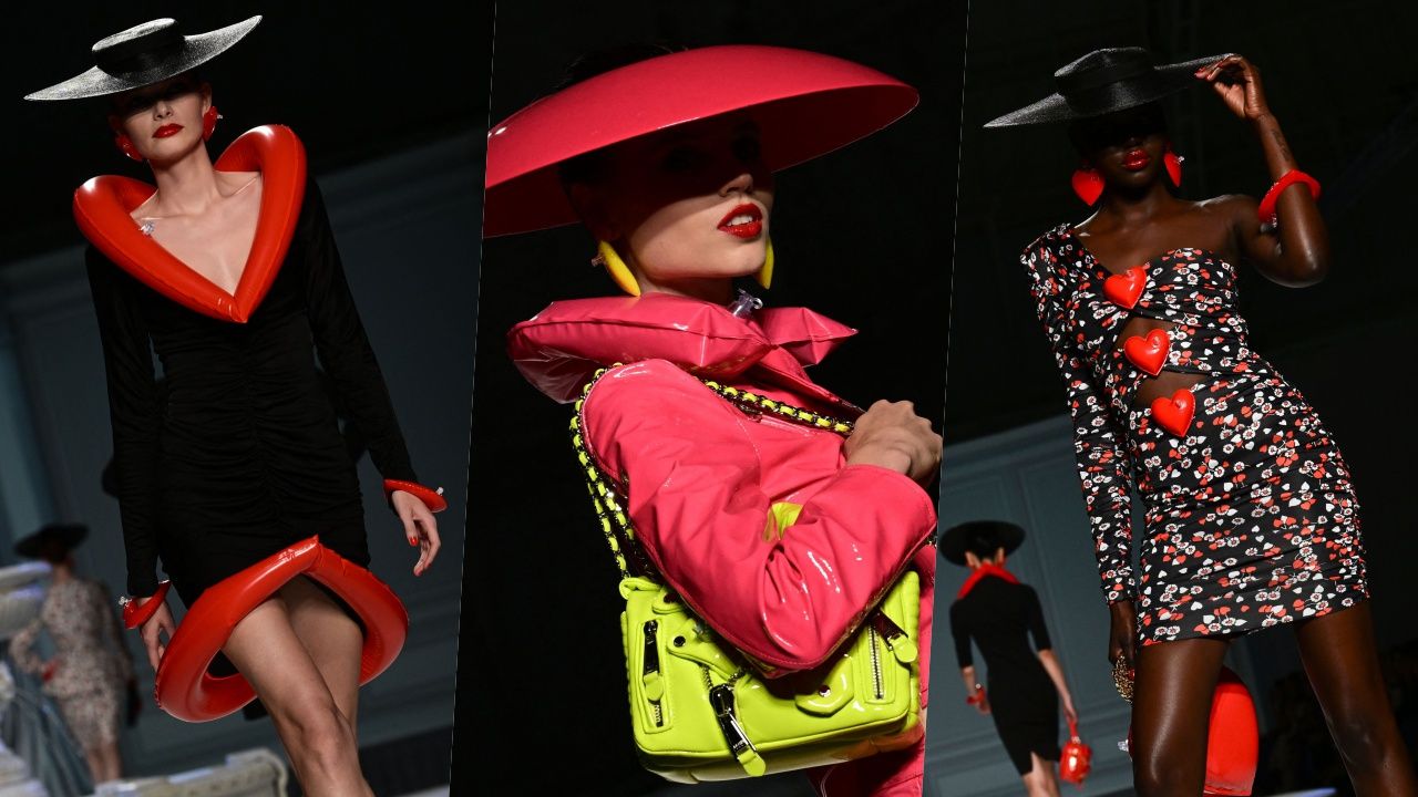 คอลเลกชัน SPRING 2023 READY-TO-WEAR ของแบรนด์ Moschino ต้องการสะท้อนมุมมองสังคมในปัจจุบันที่ตึงเครียด จึงออกแบบชุดที่เรียบง่ายแต่ยังโดดเด่นในสไตล์ Moschino (ภาพโดย MIGUEL MEDINA / AFP)