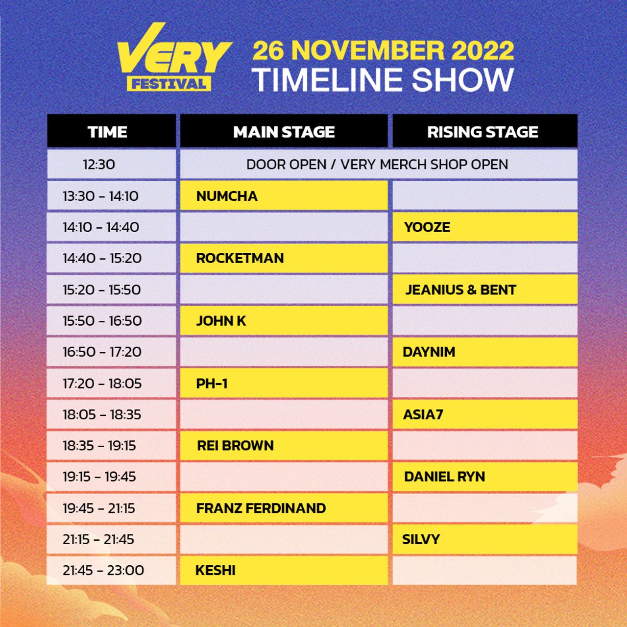 ตารางแสดงของศิลปินในงาน Very Festival 2022 วันที่ 26 พฤศจิกายน 2565