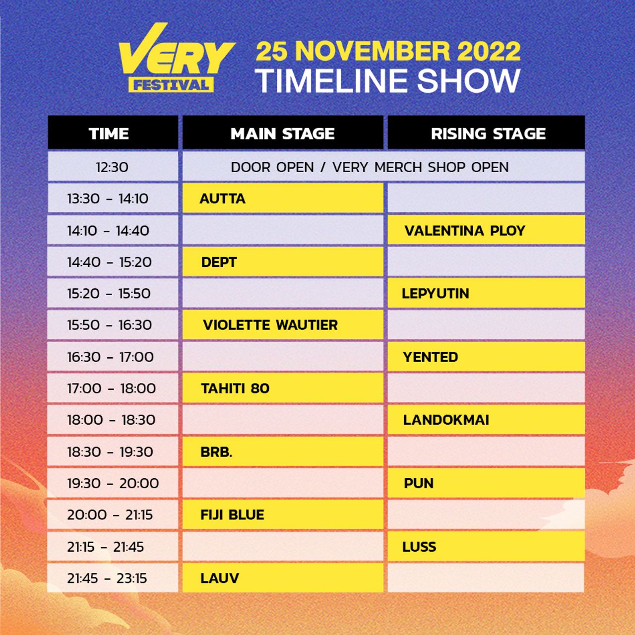 ตารางแสดงของศิลปินในงาน Very Festival 2022 วันที่ 25 พฤศจิกายน 2565