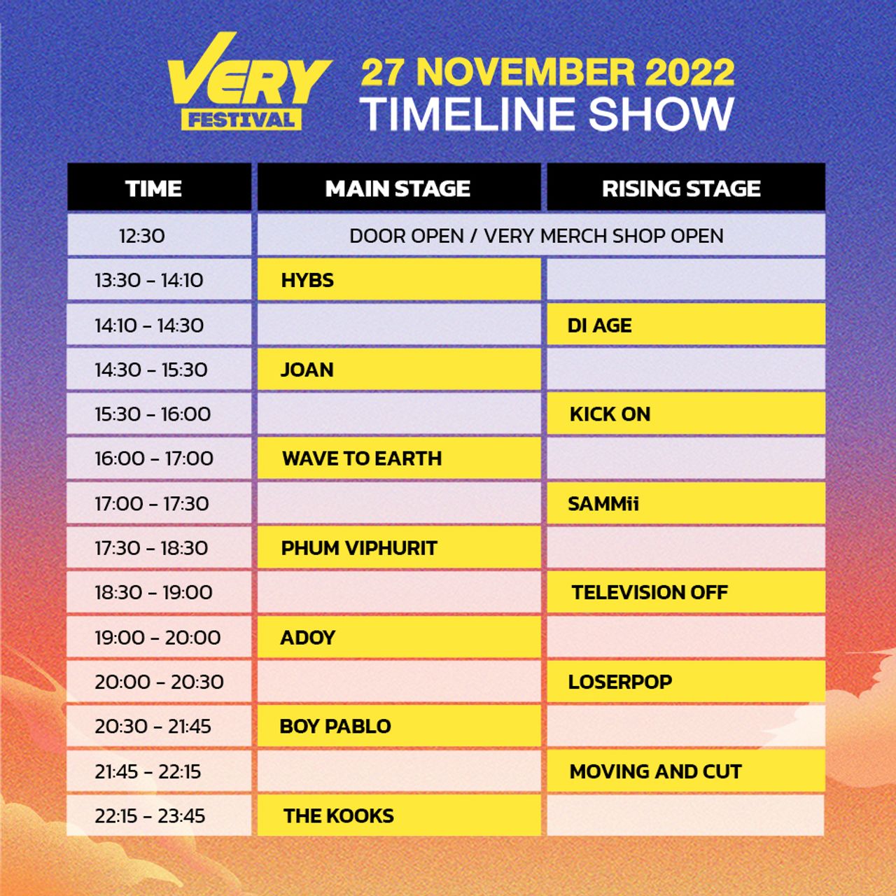 ตารางแสดงของศิลปินในงาน Very Festival 2022 วันที่ 27 พฤศจิกายน 2565