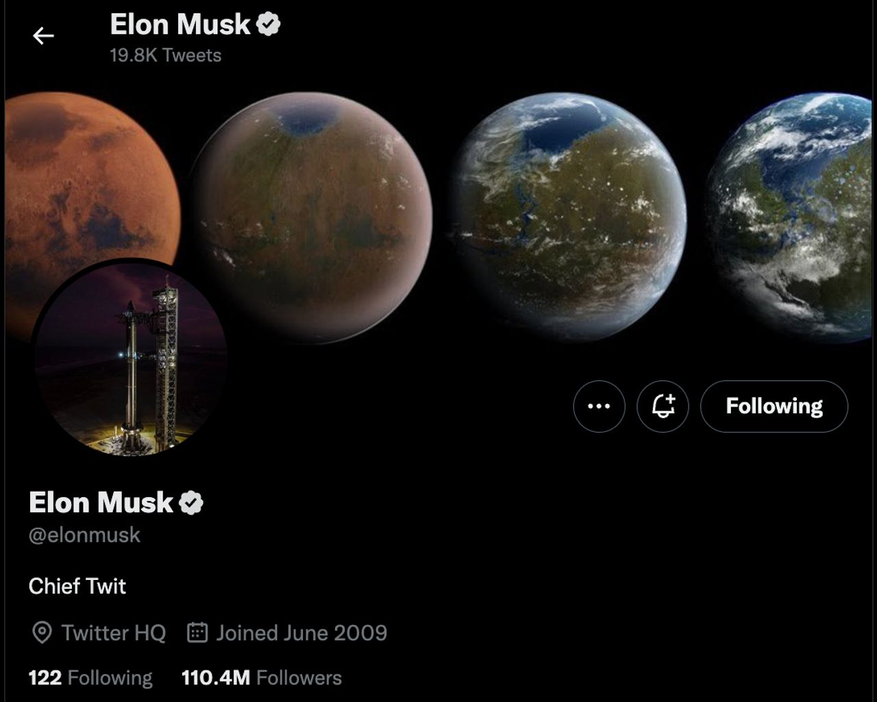 หน้าโปรไฟล์ทวิตเตอร์ของอีลอน มัสก์