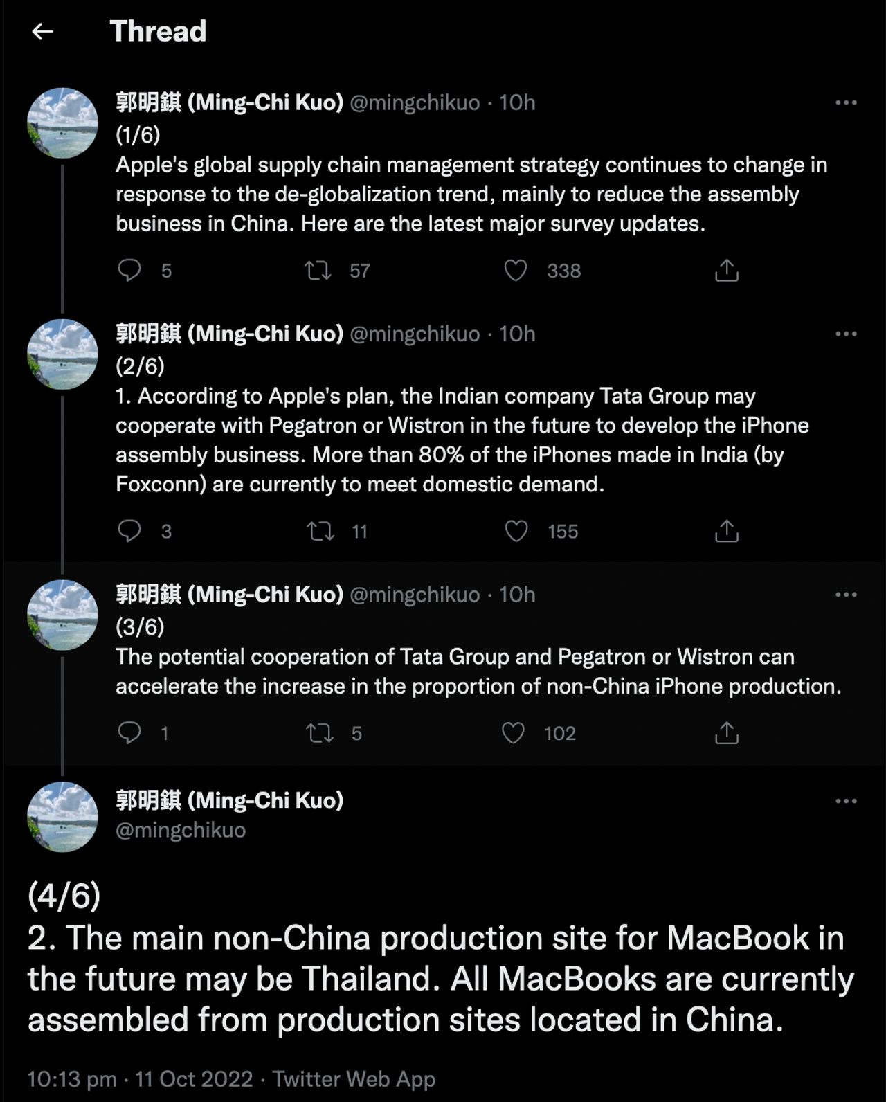 ทวีตของ Ming-Chi Kuo ที่กล่าวถึงการย้ายการผลิต MacBook มายังประเทศไทย