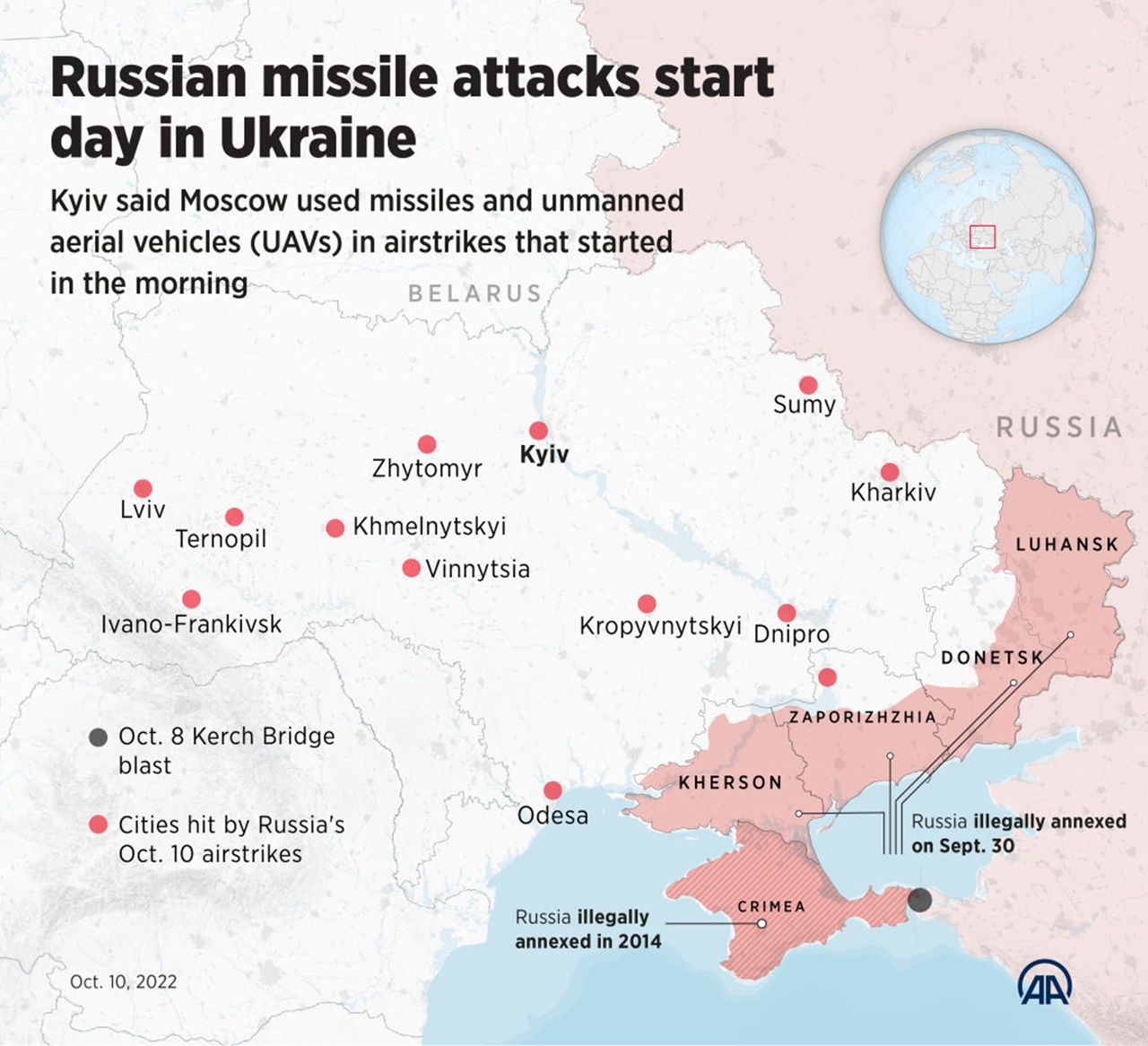 แผนที่เมืองต่างๆ ที่ถูกรัสเซียโจมตีทางอากาศเมื่อวันที่ 10 ต.ค. 2565