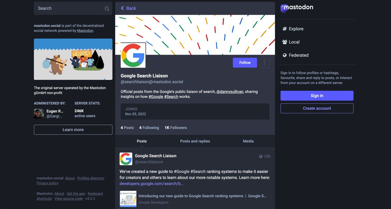 กูเกิลเปิดบัญชีมาสโตดอน