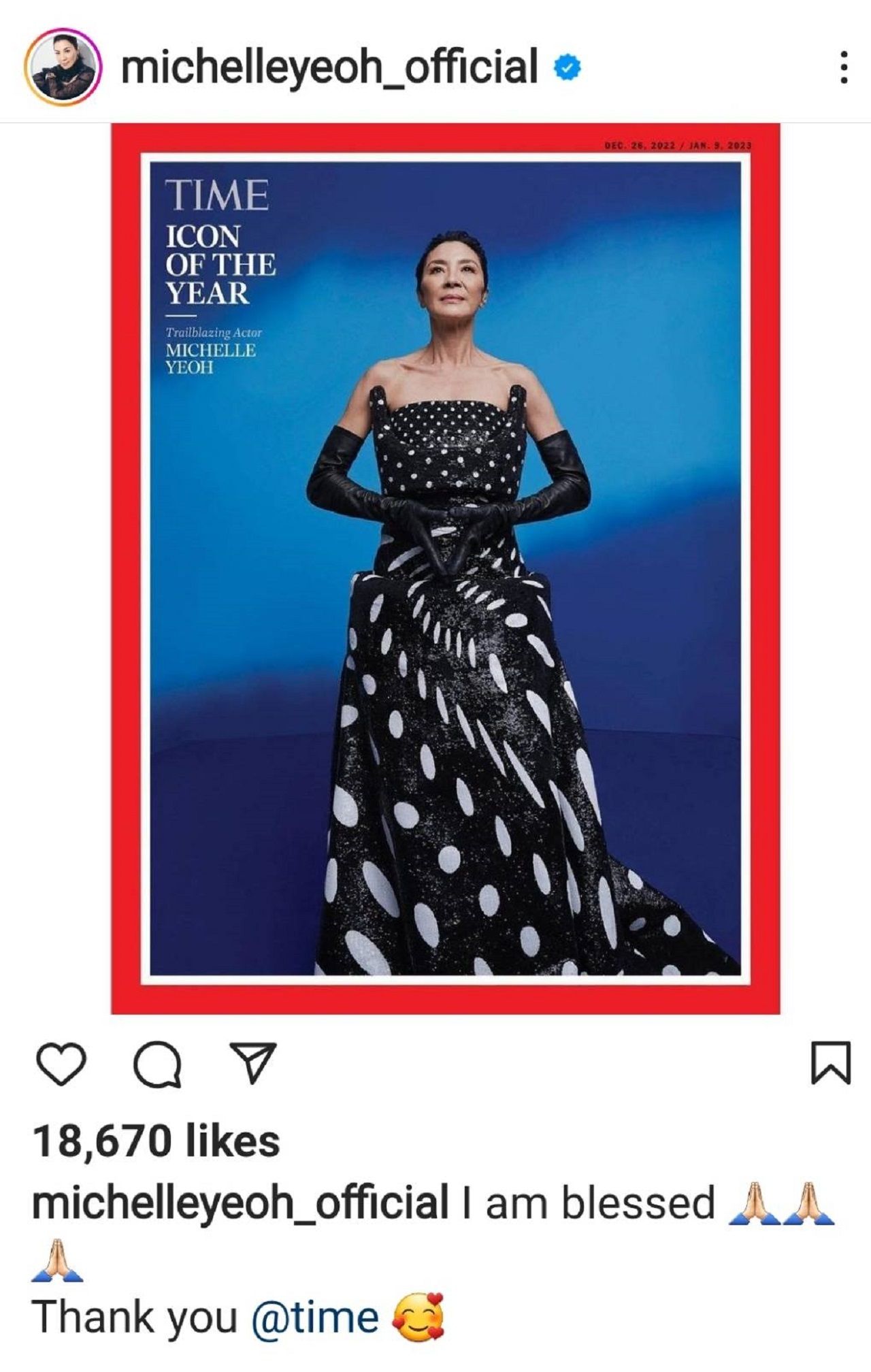มิเชล โหย่ว กล่าวขอบคุณนิตยสารไทม์ ที่มอบรางวัลไอคอนแห่งปี 2022 ให้กับเธอผ่านทางไอจี