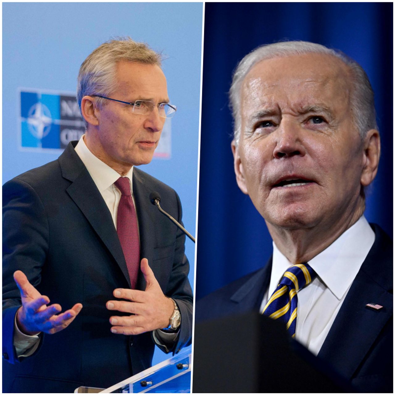 พลเอกเยนส์ สโตลเทนเบิร์ก เลขาธิการนาโต (ซ้าย) และประธานาธิบดีโจ ไบเดน แห่งสหรัฐฯ