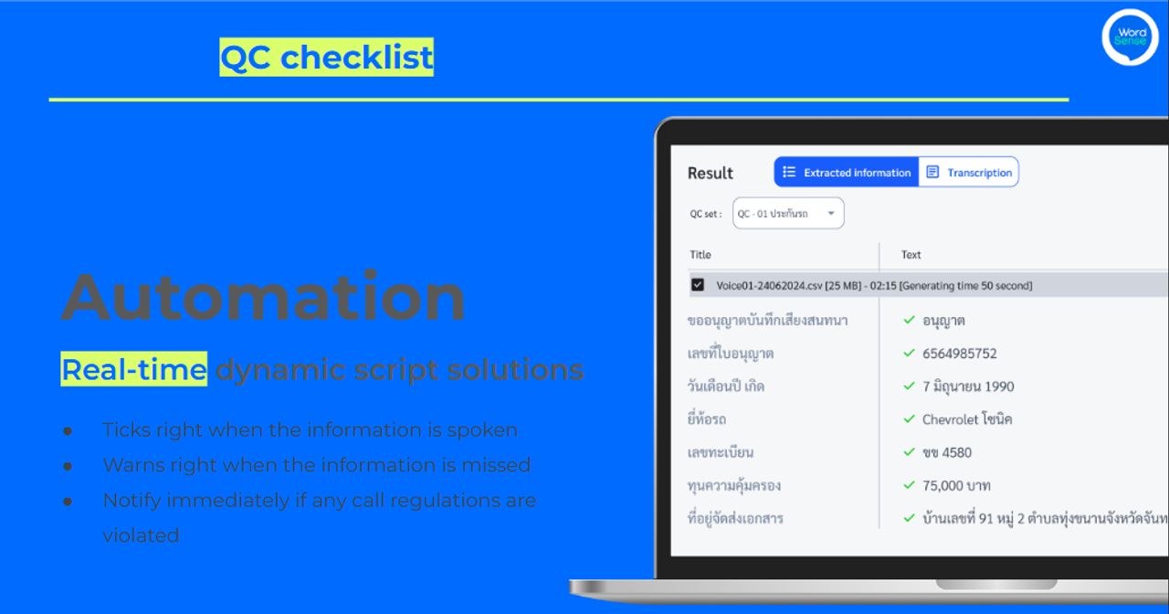 QC เช็กลิกต์ของระบบ Speech-to-Text by WordSense จะสรุปบทสนทนาระหว่าง Telesales กับลูกค้า ว่าสอบถามครบถ้วนไหม?