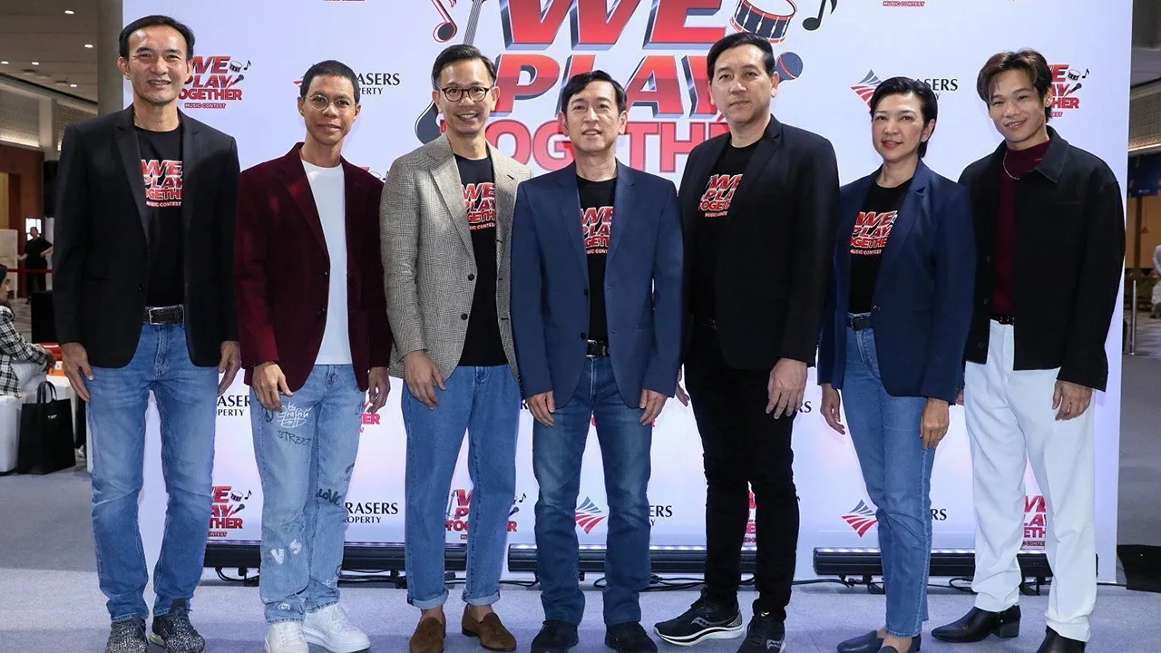 เชิญประกวด - สมบูรณ์ วศินชัชวาล แถลงข่าวโครงการ Frasers Property presents “We Play Together...ร้องด้วยกัน เล่นด้วยกัน อบอุ่นไปด้วยกัน” การประกวดวงดนตรีสำหรับเยาวชนคนรุ่นใหม่ โดยมี ภวรัญชน์ อุดมศิริ และ จักรวาร เสาธงยุติธรรม มาร่วมแถลงด้วย ที่สามย่านมิตรทาวน์ วันก่อน.