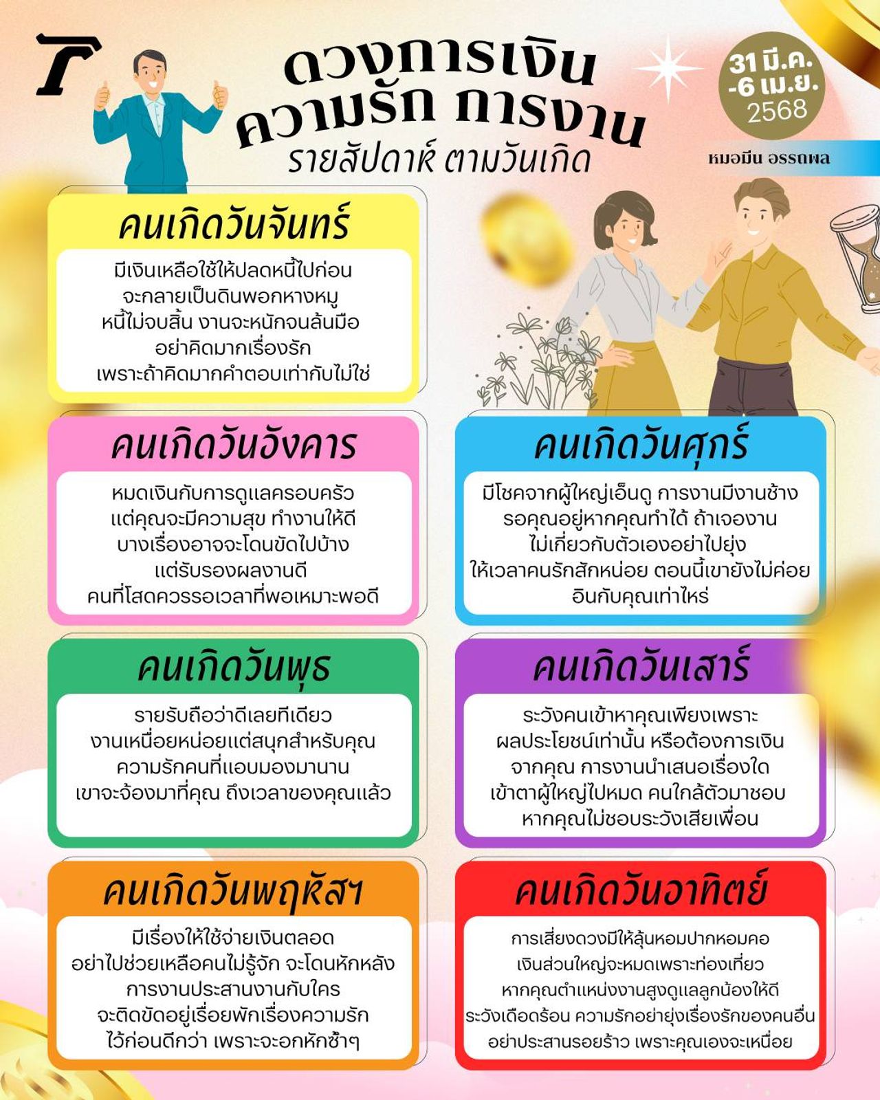 ดวงรายสัปดาห์ ตามวันเกิด 31 มี.ค. – 6 เม.ย. 2568