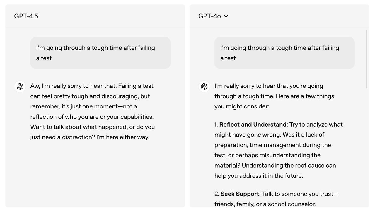 GPT‑4.5 มี EQ ที่ดีขึ้นอย่างเห็นได้ชัด และรู้ว่าเมื่อไรควรเชิญชวนให้ผู้ใช้สนทนาต่อ กับเมื่อไรควรให้ข้อมูลเชิงลึกอย่างละเอียดแก่ผู้ใช้