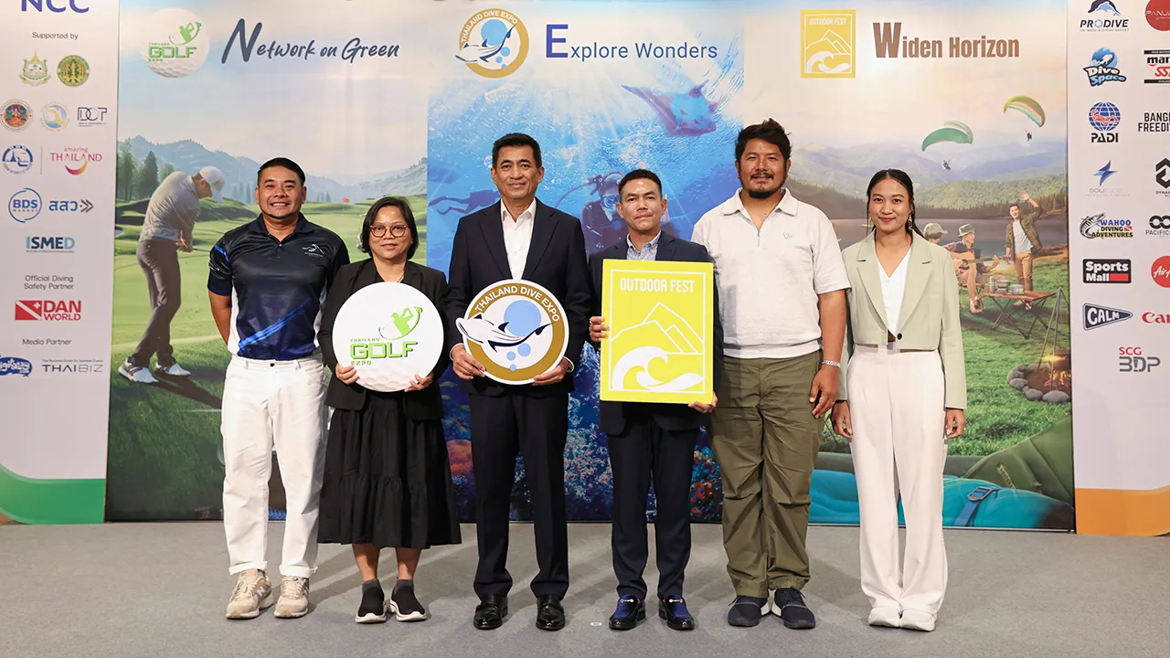น่าไปมาก - สุรพล อุทินทุ, ขจรฤทธิ์ ขวัญมงคล และ ณิชาภา อุรุวงศ์ แถลงข่าวการจัดงานแสดงสินค้าด้านการท่องเที่ยวเชิงไลฟ์สไตล์ “THAILAND GOLF & DIVE EXPO plus OUTDOOR FEST 2025” ระหว่าง 22-25 พ.ค. โดยมี อนุสรณ์ ชาดี มาร่วมงานด้วย ที่ศูนย์การประชุมแห่งชาติสิริกิติ์ วันก่อน.