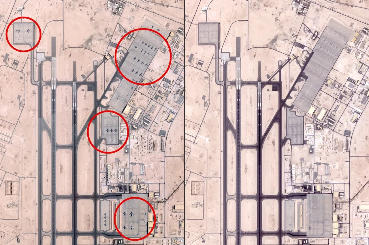 ภาพถ่ายดาวเทียมเมื่อ 5 มิ.ย. 2568 (ซ้าย) กับภาพที่ถ่ายเมื่อ 19 มิ.ย. (ขวา) แสดงให้เห็นว่า เครื่องบินของสหรัฐฯ ถูกเคลื่อนย้ายไปแล้ว