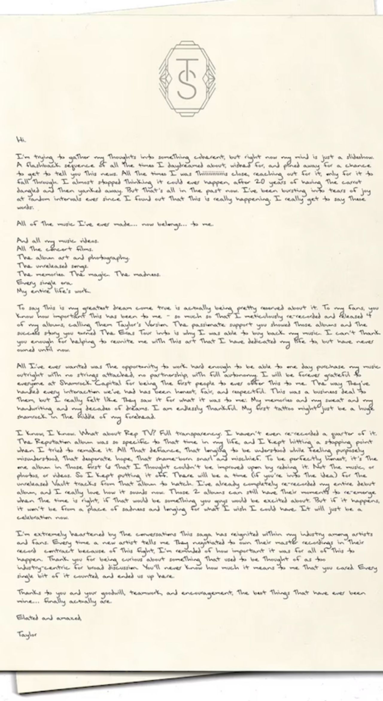 แถลงการณ์ของเทย์เลอร์ สวิฟต์ที่เผยแพร่บนเว็บไซต์ของเธอ วันที่ 30 พฤษภาคม 2025
