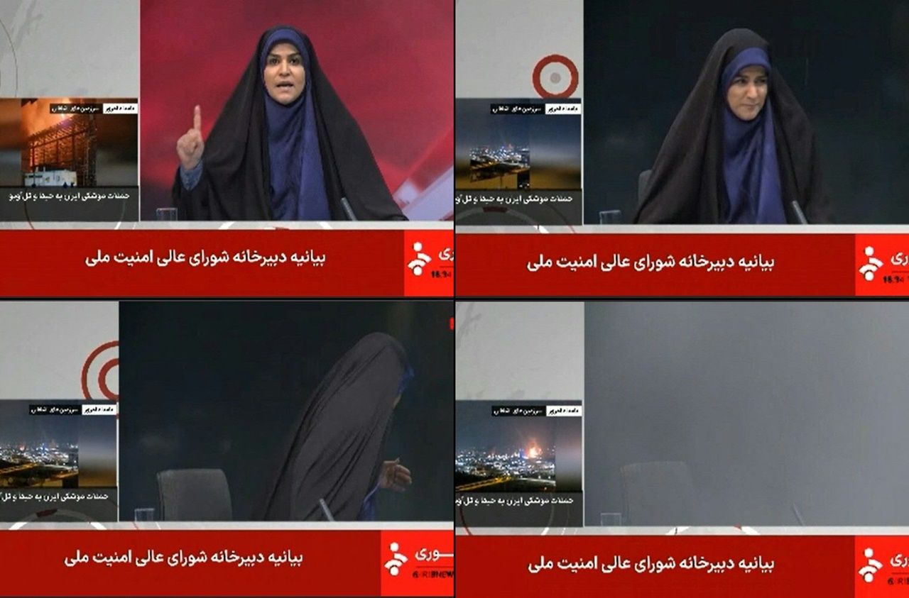 ภาพผู้ประกาศข่าวอิหร่านกำลังปฏิบัติหน้าที่ ในตอนที่อิสราเอลโจมตี