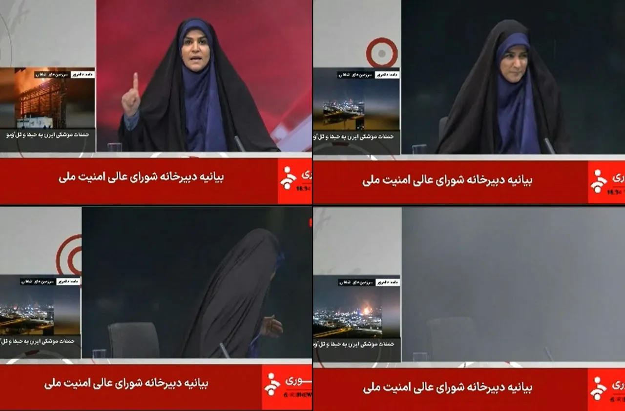 ภาพผู้ประกาศข่าวอิหร่านกำลังปฏิบัติหน้าที่ ในตอนที่อิสราเอลโจมตี