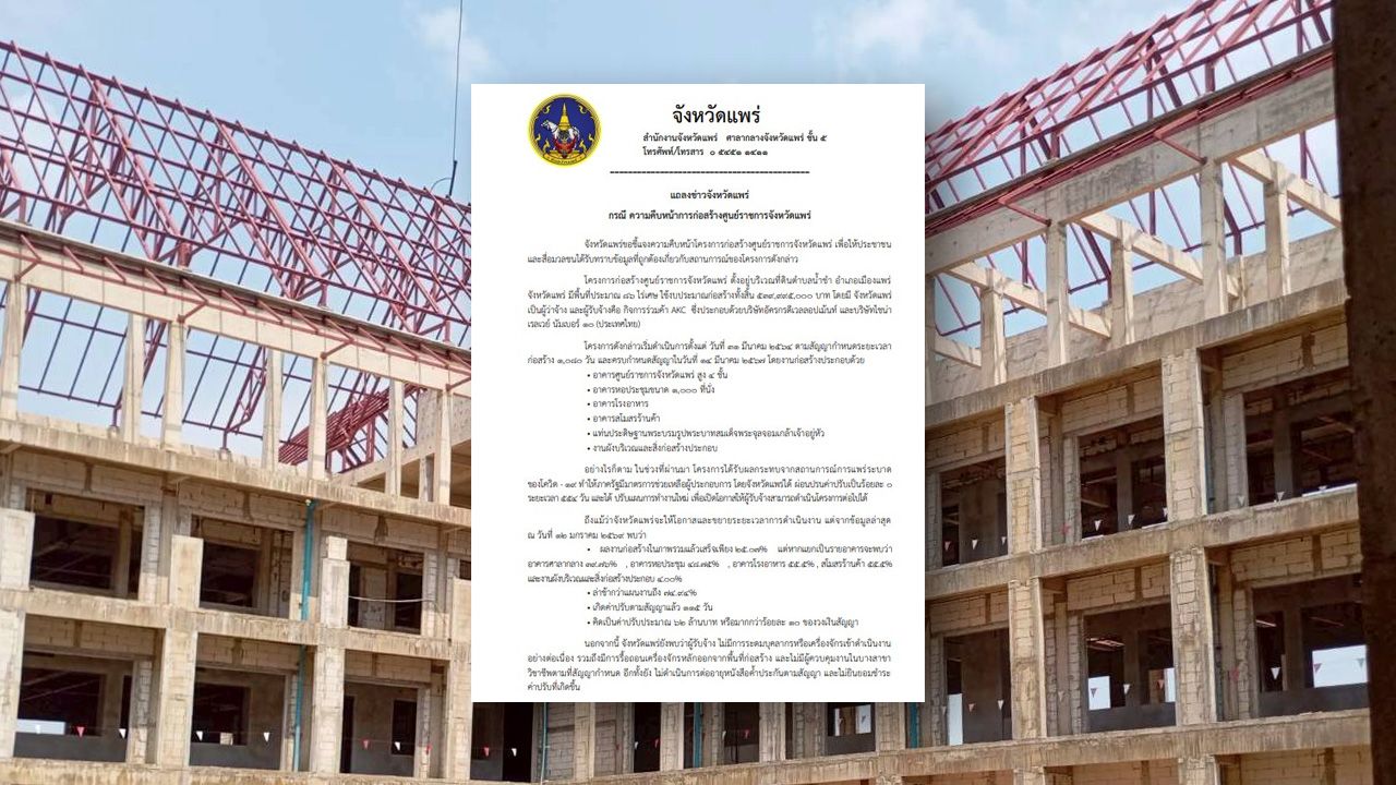 จังหวัดแพร่ เปิดเผยความคืบหน้าโครงการศูนย์ราชการ หารือบอกเลิกสัญญา 'ไชน่า เรลเวย์'