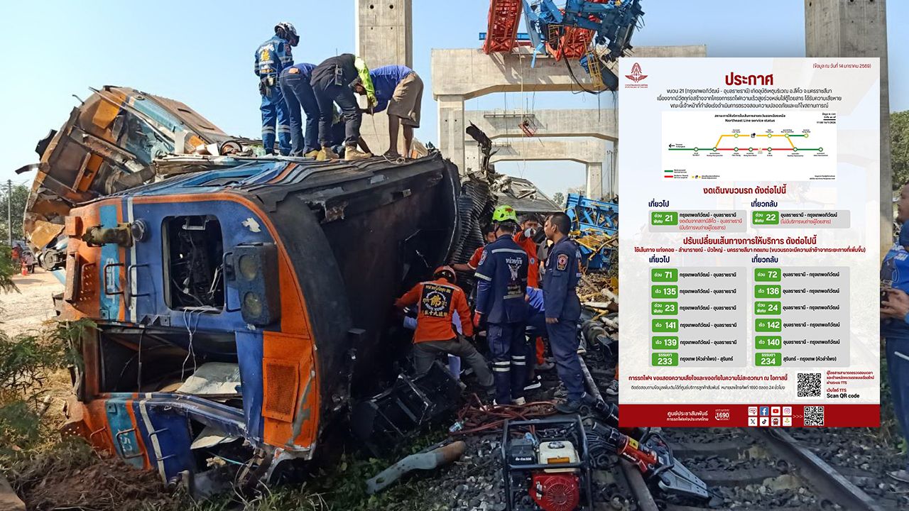 การรถไฟฯ ปรับเปลี่ยนเส้นทาง-งดเดินขบวนรถสายอีสาน 14 ขบวน เหตุเครนหล่นทับ