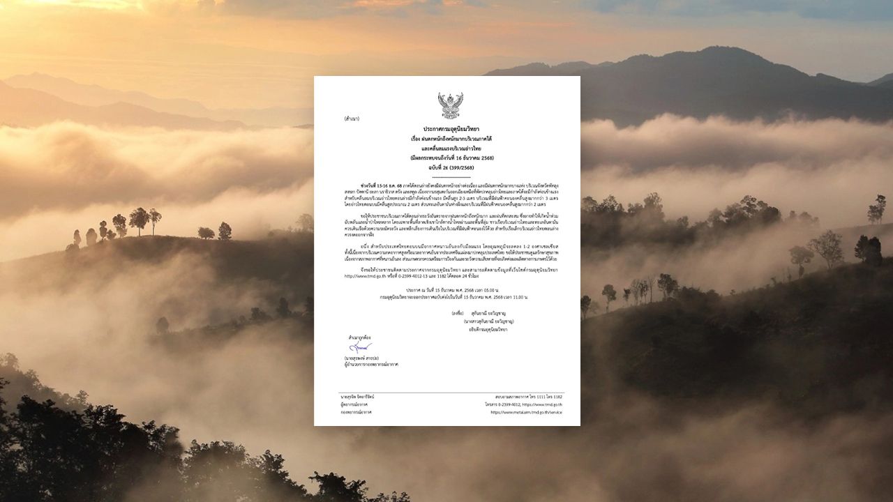 กรมอุตุนิยมวิทยาเตือนอากาศหนาวเย็นและลมแรงทั่วไทยตอนบน