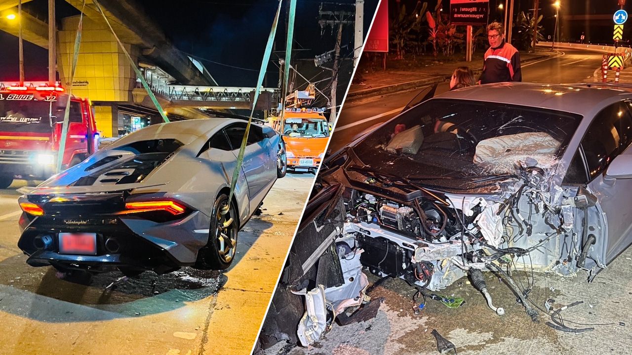 ลัมโบร์กินีชนเสาไฟฟ้าที่นนทบุรี คนขับและผู้โดยสารได้รับบาดเจ็บเล็กน้อย