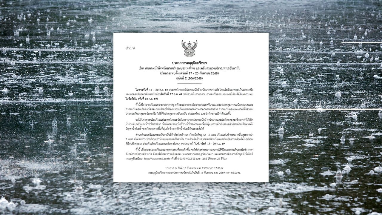 เตือนฉบับที่ 2 ฝนตกหนักถึงหนักมาก เช็กจังหวัดที่ได้รับผลกระทบ อาจเกิดน้ำท่วมขัง