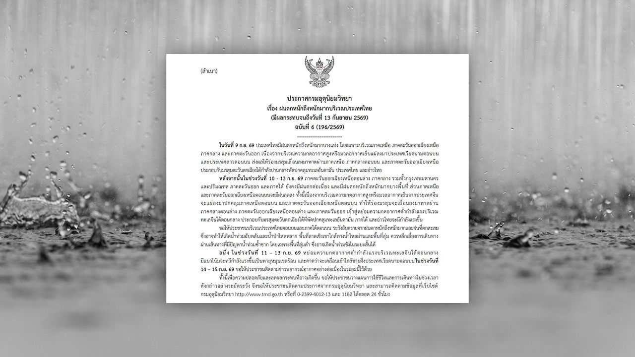 ประกาศฉบับ 6 ไทยฝนตกหนักถึงหนักมาก อาจเกิดน้ำท่วมฉับพลัน-น้ำป่าไหลหลาก