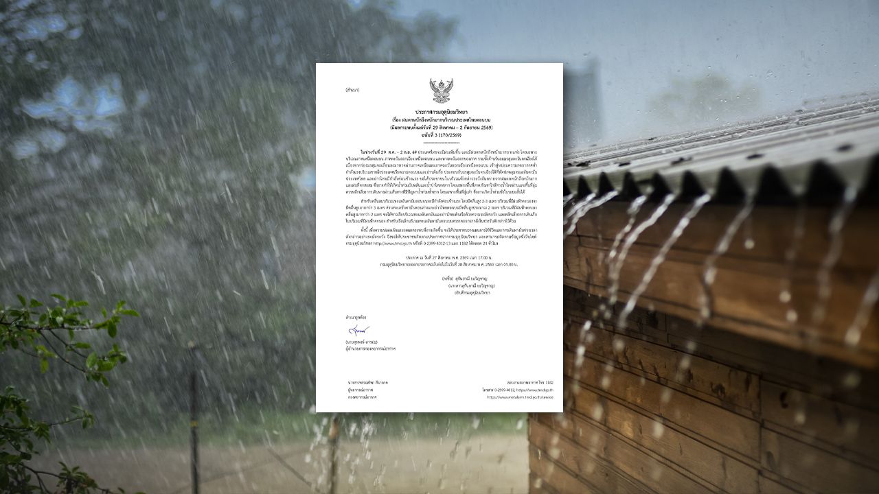 เตือน "ฝนตกหนักถึงหนักมาก" ฉบับ 3 เช็กจังหวัดได้รับผลกระทบช่วง 29 ส.ค.-2 ก.ย.