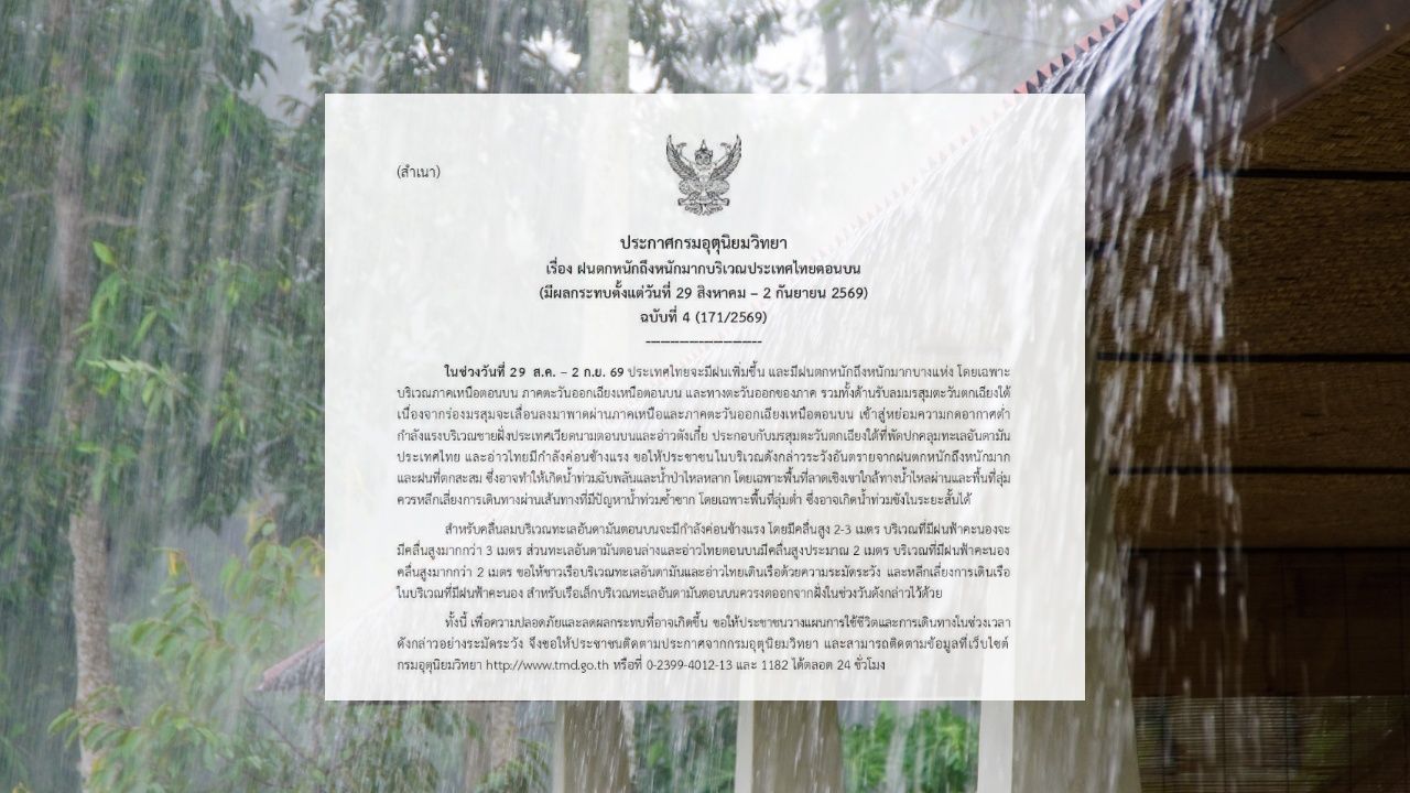 กรมอุตุฯ ประกาศฉบับ 4 เตือน 29 ส.ค. – 2 ก.ย. หลายจังหวัด "ฝนตกหนักถึงหนักมาก"