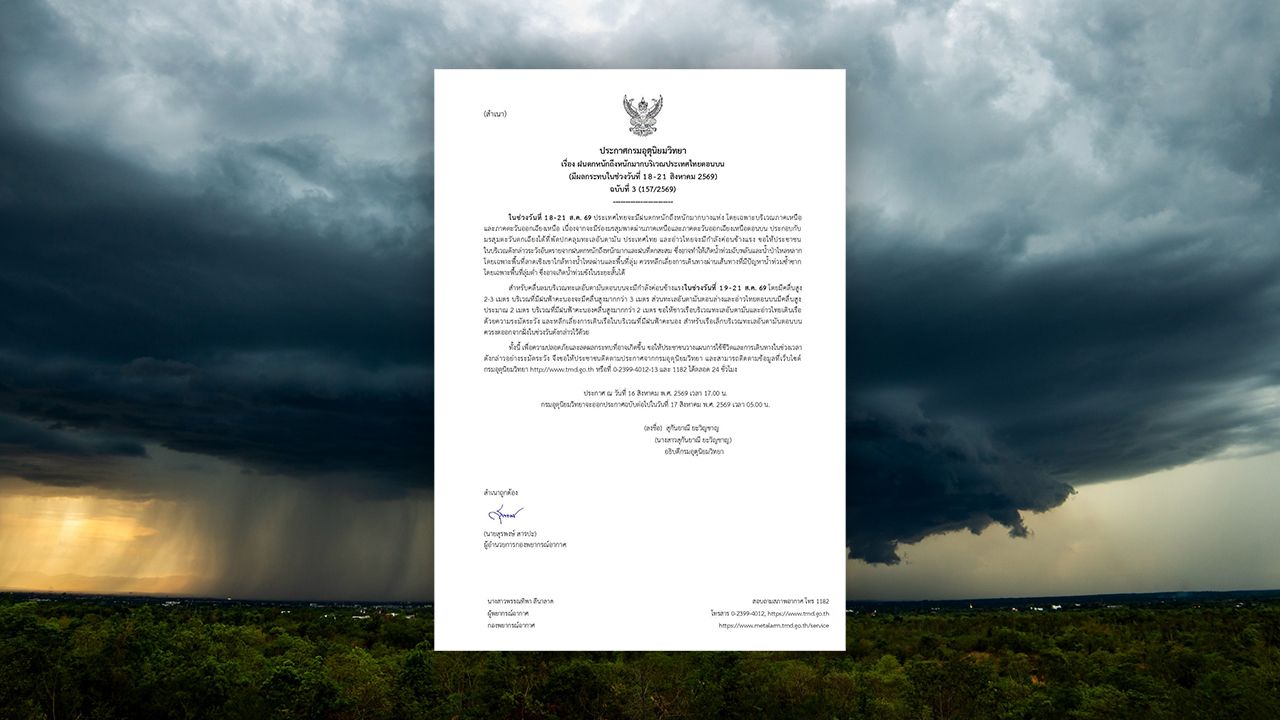 ประกาศฉบับ 3 เตือน "ฝนตกหนักถึงหนักมาก" เช็กจังหวัดเตรียมรับมือ 18-21 ส.ค.