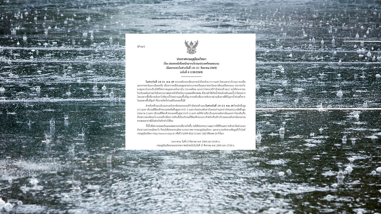 กรมอุตุฯ ประกาศฉบับ 4 เตือนฝนตกหนักถึงหนักมาก เช็กจังหวัดที่ได้รับผลกระทบ