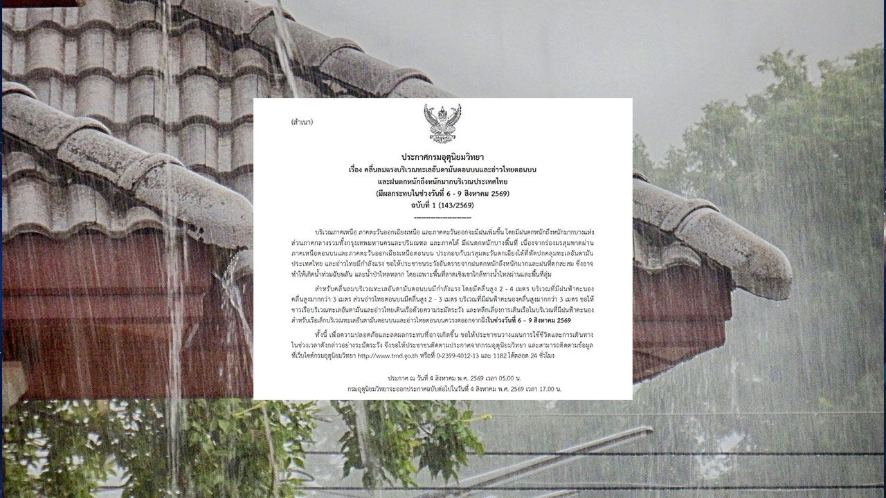 ประกาศฉบับ 1 เตือนฝนตกหนักถึงหนักมาก ช่วง 6-9 ส.ค. เช็กจังหวัดที่ได้รับผลกระทบ