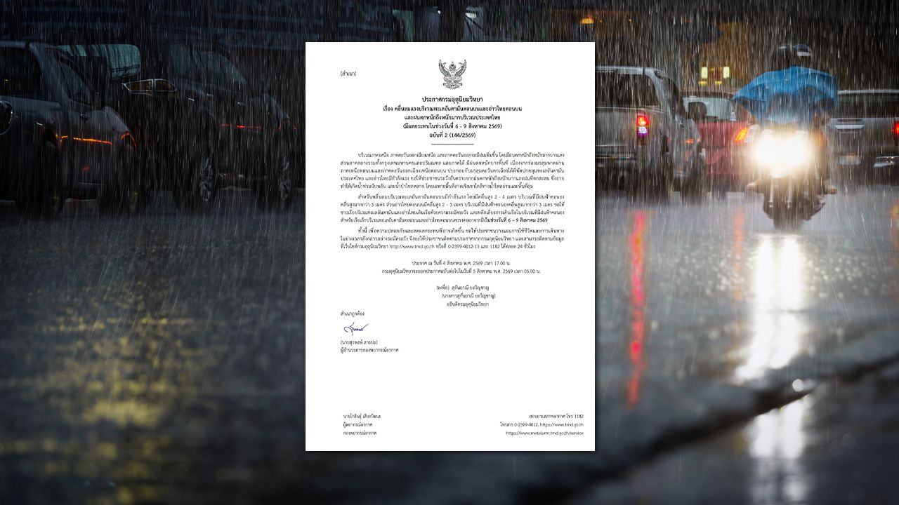 อุตุฯ ประกาศฉบับ 2 เช็กรายชื่อจังหวัด "ฝนตกหนักถึงหนักมาก" ช่วง 6-9 สิงหาคม