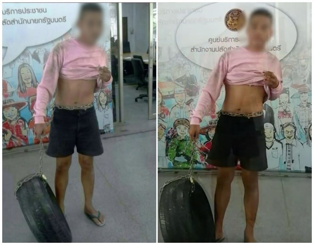 นายเอนก พลทองวิจิตร เมื่อครั้งเป็นพลทหารถูกโซ่ผูกไว้กับยางรถยนต์