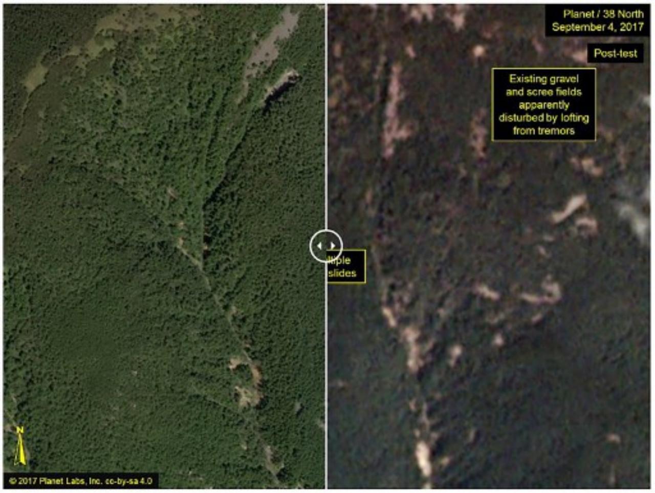 ภาพถ่ายจากดาวเทียมที่แสดงให้เห็นร่องรอยการถล่มของภูเขาที่ตั้งฐานทดลองนิวเคลียร์ใต้ดินในเมือง ปุงกเย-รี