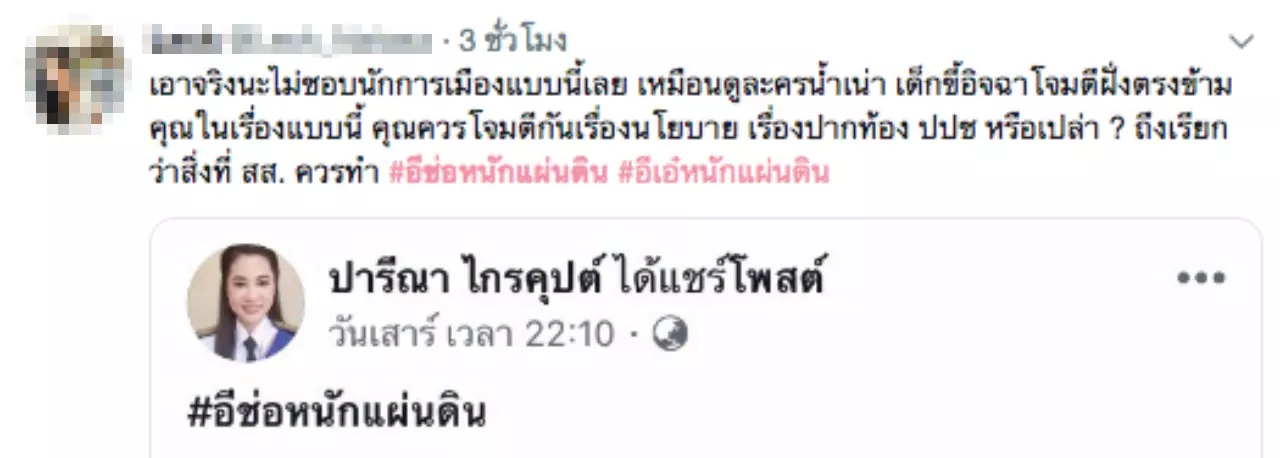 "ปารีณา" โดนกระแสตีกลับ เล่นการเมืองไม่สร้างสรรค์ ใช้สถาบันโจมตี "ช่อ"