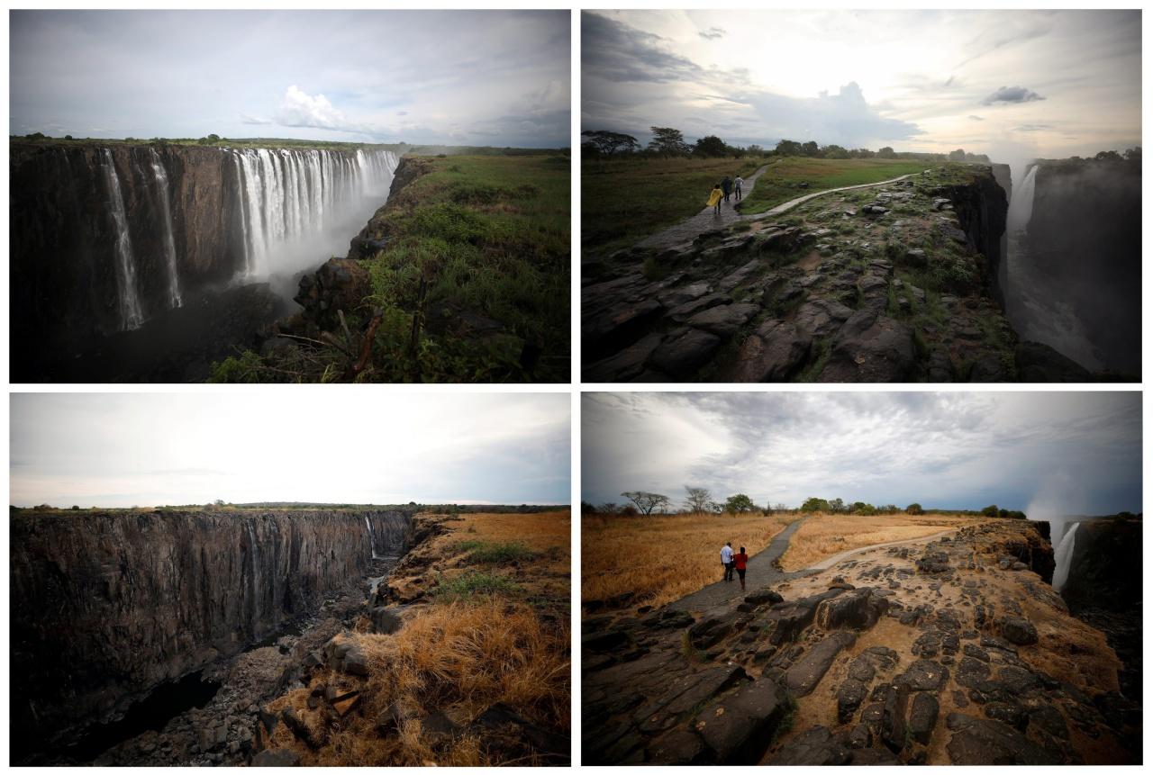 ภาพเปรียบเทียบ ของน้ำตกวิกตอเรีย : รูปแถวบน บันทึกเมื่อ 17 ม.ค.62 และรูปแถวล่าง เมื่อ 4 ธ.ค.62