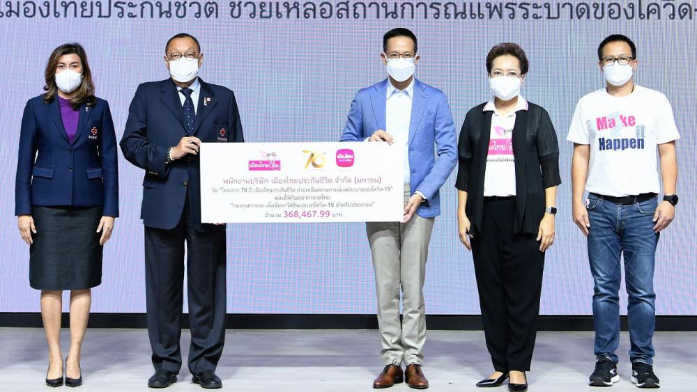 สมทบทุน สาระ ล่ำซำ ซีอีโอ บ.เมืองไทยประกันชีวิตและมูลนิธิเมืองไทยยิ้ม บริจาคเงินจำนวน 368,467.99 บาท ในโครงการช่วยเหลือสถานการณ์แพร่ระบาดของโควิด-19 โดยมี ขรรค์ประจวบ เหมาะ เป็นผู้รับมอบ เพื่อสมทบทุนสภากาชาดไทย ที่ บ.เมืองไทยประกันชีวิต สำนักงานใหญ่ วันก่อน.