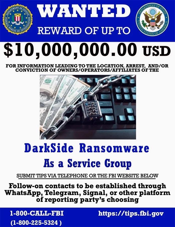 ประกาศจาก FBI รางวัลนำจับกลุ่มแฮกเกอร์ DarkSide ภาพ: FBI